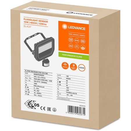 LED reflektor 10W 1200lm 4000K IP65 černý se senzorem pohybu a soumraku LEDVANCE Floodlight