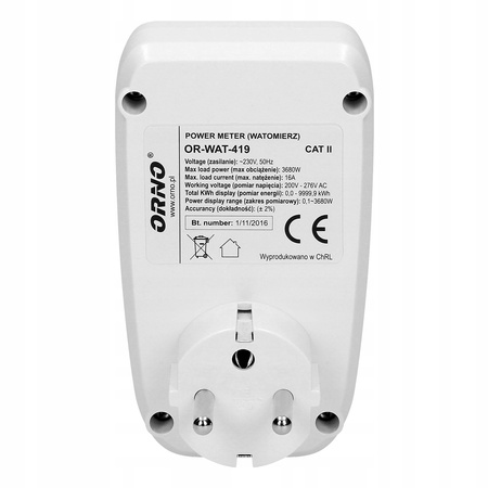 Wattmetr s LCD displejem Měřič spotřeby energie do zásuvky ORNO