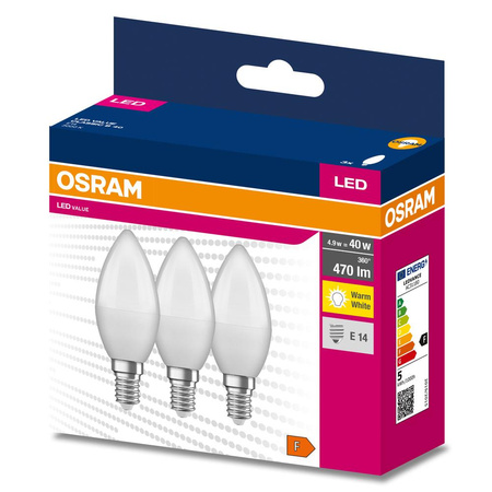 3x LED žárovka B35 svíčka E14 4,9W = 40W 470lm 3000K teplá bílá 220° VALUE CLASSIC Osram