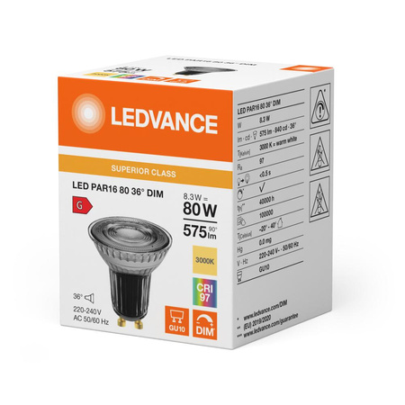 LED reflektorová žárovka GU10 PAR16 8,3W = 80W 575lm 3000K Warm 36° CRI97 Stmívatelná Ledvance