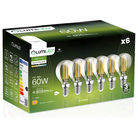 6x Žárovka LED Kulka P45, E14 7W = 60W 806lm 4000K neutrální bílá 360° Filament LUMILED