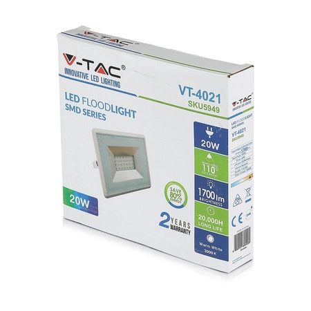 Reflektor LED 20W 1700lm 6500K IP65 Bílá SMD VT-4021W V-TAC