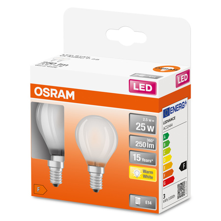 2x LED žárovka P45 Ball E14 2,5W = 25W 250lm 2700K Warm 300° Retrofit Filament CLASSIC Osram