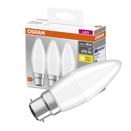 3x LED žárovka B37 Candle B22d 4,9W = 40W 470lm 2700K Warm 200° BASE Osram