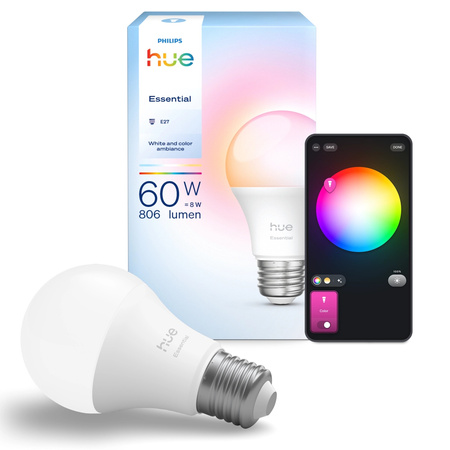 LED žárovka E27 A60 8W 806 lm 2200–6500K CCT + RGB SMART Bluetooth ZigBee White and Color Ambiance Philips Hue Essential