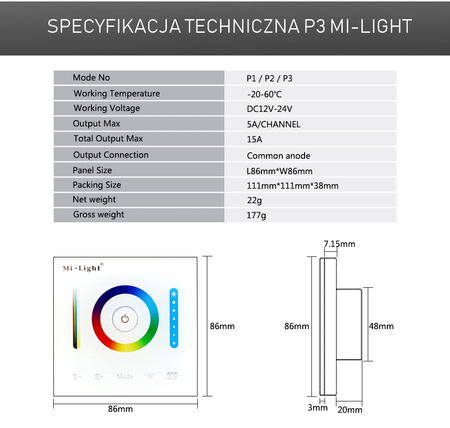RGB+CCT LED dotykový ovladač 12V / 24V 10A Mi-Light NÁSTĚNNÝ - P3