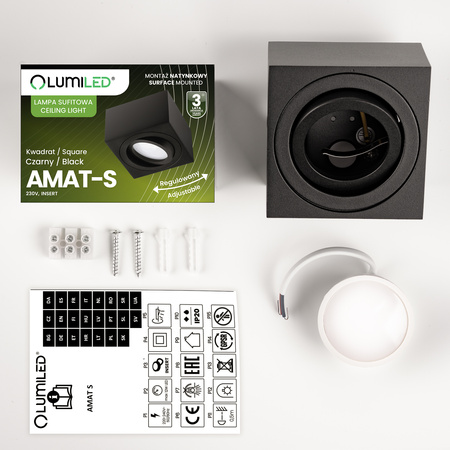 Povrchové Halogenové svítidlo, TUBA SPOT Nastavitelná Čtvercová 50mm Černá AMAT-S + LED 7W 3000K LUMILED