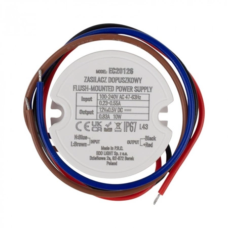 Vstupní napájecí zdroj FI60 pro LED pásky 10W 12V 0,83A Hermetické krytí IP67 Ecolight