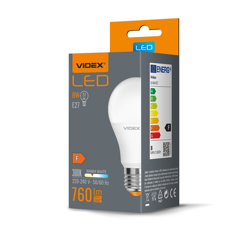 LED žárovka E27 A60 8W 760lm 3000k teplá bílá VIDEX