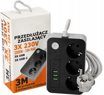 Zástrčka napájecího prodlužovacího kabelu -3x zásuvka + 3x USB + 2x USB-C s uzemněním a vypínačem 3m 3x1mm 16A černá/šedá