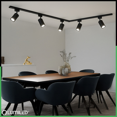 Osvětlovací lišta 3m + 5x reflektor lištový, GU10 Černá SAGI + Spojka L LUMILED