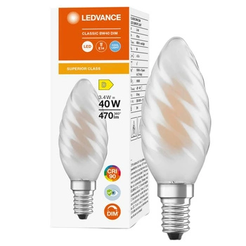 LED žárovka na svíčku E14 BW40 3.4W = 40W 470lm 4000K Neutrální bila 300° CRI90 vlákno Mléčně stmívatelné LEDVANCE Superior