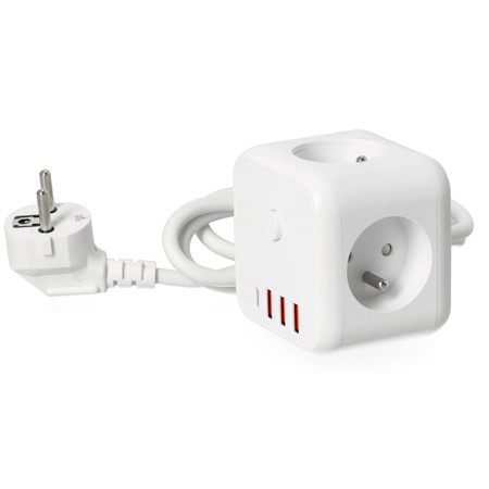 KOBI LINEA PRO CUBE 3x230V Splitter s uzemněním a přepínačem + 4xUSB Bílá