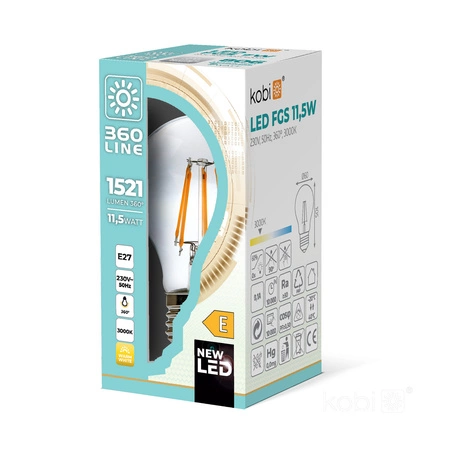 LED žárovka E27 A60 11,5W 1521lm 3000K Warm 360° Filament KOBI FGS