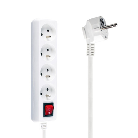 Zástrčka napájecího prodlužovacího kabelu – 4x zásuvka s uzemněním a vypínačem 1.5m 3x1mm 16A Bílá