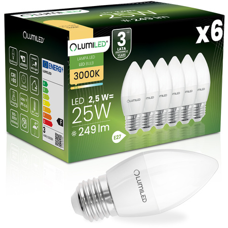 6x Žárovka LED E27, B35 2.5W = 25W 249lm 3000K Teplá bílá 180° LUMILED