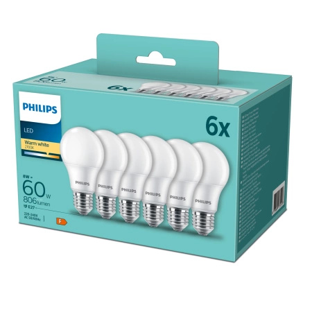 6x LED žárovka E27 A60 8W = 60W 806lm 2700K teplá bílá 180° Essential Philips