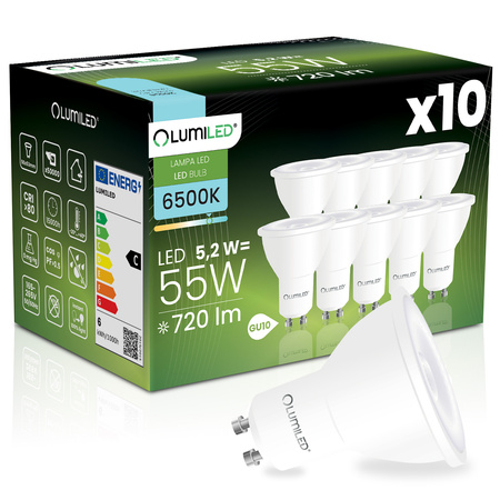 10x LED žárovka GU10 s reflektorem PAR16 5,2W = 55W 720LM 6500K studená bílá 38° LUMILED