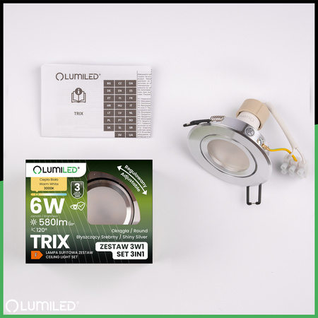 TRIX 3v1 GU10 6W 3000K Silver LUMILED kruhové halogenové svítidlo k zapuštění do zdi