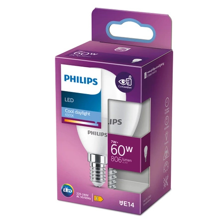 LED kulová žárovka E14 P48 7W = 60W 806lm 6500K Studená bílá PHILIPS