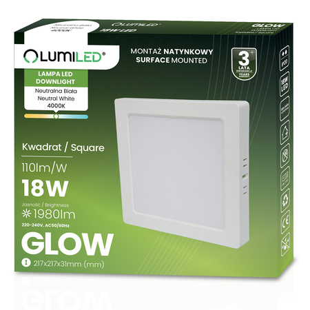 LED stropní svítidlo pro povrchovou montáž 18W Square 4000K GLOW White LUMILED