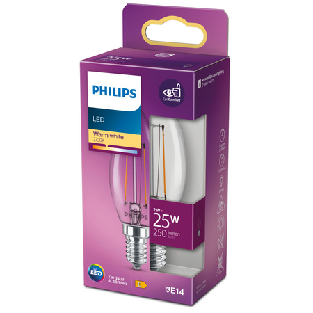 E14 B35 LED žárovka 2W = 25W 250lm 2700K Teplá bílá vlákno PHILIPS