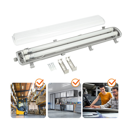 Průmyslová hermetická sada svítidel 2x60cm + LED zářivka T8 9W 4000K Neutral IP65 Kobi