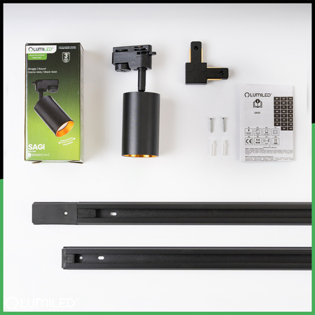 Osvětlovací lišta 3m + 5x reflektor lištový, GU10 Černá Zlatý SAGI + Spojka L LUMILED