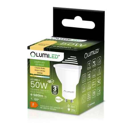 LED GU10 reflektor PAR16 6W = 50W 580LM 3000K teplá bílá 120° s pohybovým čidlem LUMILED