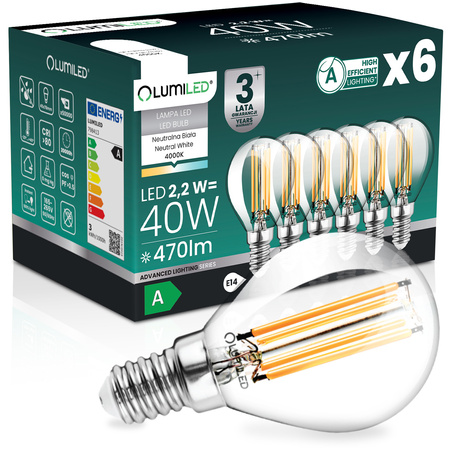 6x LED žárovka E14 kapka P45 2,2W 470lm = 40W 4000K neutrální bílá 360° vlákno energetická třída A LUMILED