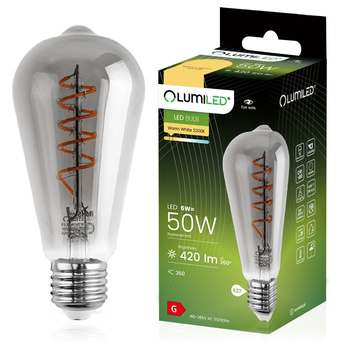 EDISON E27 ST64 LED žárovka 6W = 50W 420lm 2200K Teplá bílá 360° Filament LUMILED Smokey