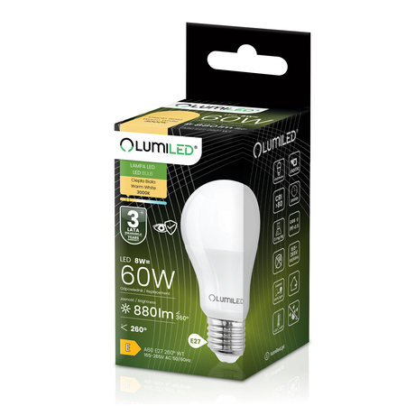 LED žárovka E27 A60 8W = 60W 806lm 3000K Warm 260° LUMILED