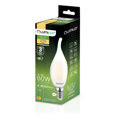 6x Žárovka LED Plamínek BA35, E14 7W = 60W 806lm 3000K Teplá bílá 360° Filament Mléčná LUMILED