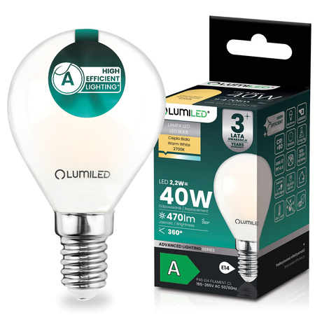 LED žárovka E14 kapka P45 2,2W 470lm = 40W 2700K teplá bílá 360° Filament energetická třída A LUMILED