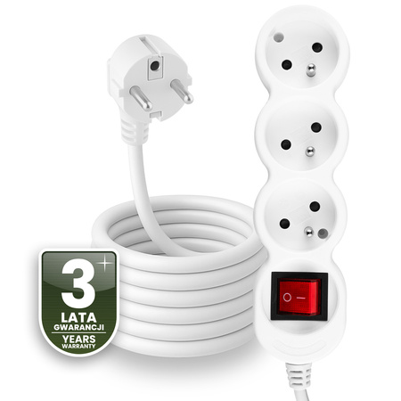 Síťový prodlužovací kabel s uzemněním 3 zásuvky 5 m vypínač bílý kabel Lendo Lumiled