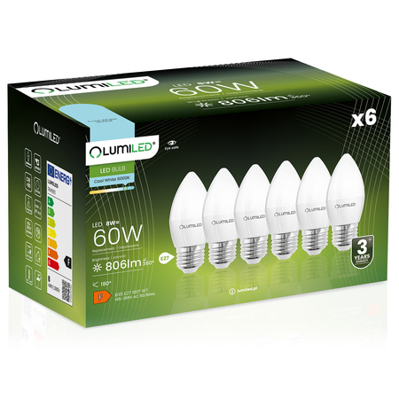6x Žárovka LED E27, B35 8W = 60W 806lm 6500K Studená bílá 180° LUMILED
