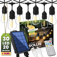 Solární zahradní girlanda 30x LED dekorativní žárovky 20m + PILOT IP65 2700K Warm SOLLIS LUMILED