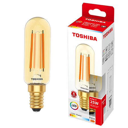 LED žárovka E14 T25 4,5W = 25W 400lm 2200K teplá bílá Filament Amber TOSHIBA
