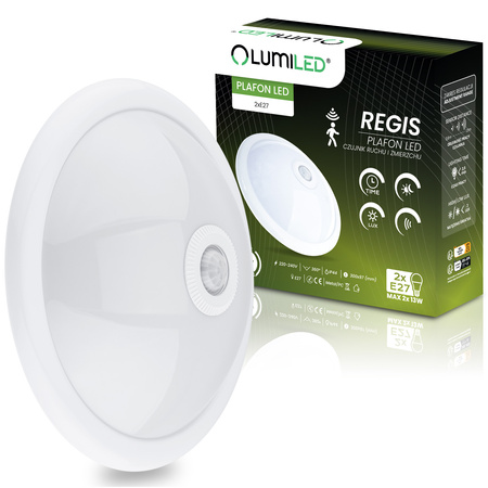 2x E27 Plafon LED Stropní svítidlo, snímač pohybu a soumraku 30cm IP44 kulatý Bílý REGIS LUMILED