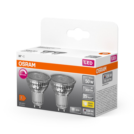 2x LED PAR16 reflektor GU10 4,5W = 50W 350lm 2700K teplá bílá CRI90 36° stmívatelný SUPERSTAR Osram