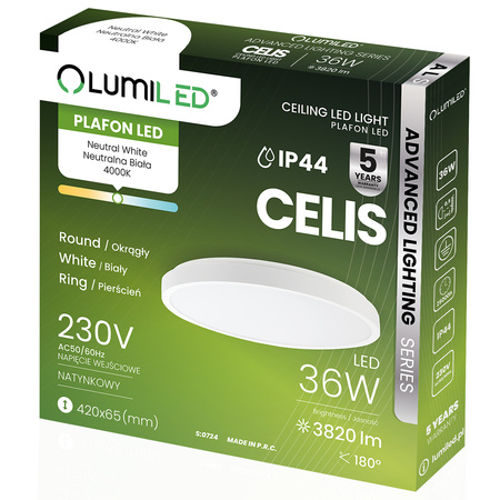 Stropní LED plafon pro povrchovou montáž 36W 4000K CELIS Round IP44 White Ring ALS LUMILED