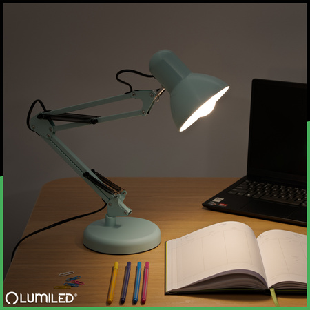 Stolní kreslící lampa E27 TOBI Pastelově modrá Lumiled + držák na desku