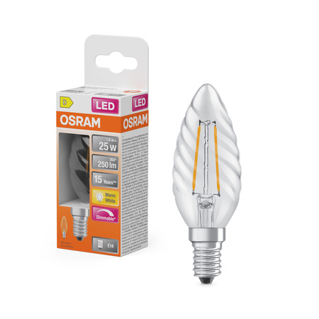 LED žárovka B35 E14 svíčka 1,8W = 25W 250lm 2700K teplá bílá 320° Filament Dimmable SUPERSTAR Osram