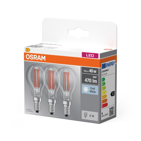3x LED žárovka E14 P45 4W = 40W 470lm 4000K Neutrální bila 320° OSRAM Base Filament