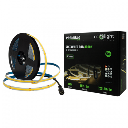 LED pásek COB 7W/m 630lm/m 320LED/m 24V 3000K teplá bílá IP20 Roll 5m + napájecí zdroj + dálkové ovládání Ecolight