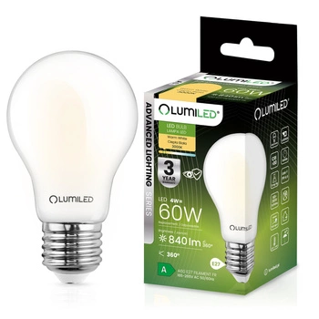Žárovka LED E27, A60 4W = 60W 840lm 3000K Teplá bílá 360° Skleněná Filament ALS LUMILED