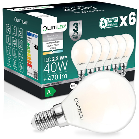 6x LED žárovka E14 kapka P45 2,2W 470lm = 40W 4000K neutrální bílá 360° vlákno energetická třída A LUMILED