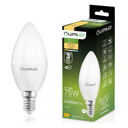 LED žárovka E14 svíčka B35 10W = 75W 1100lm 3000K teplá bílá 180° LUMILED