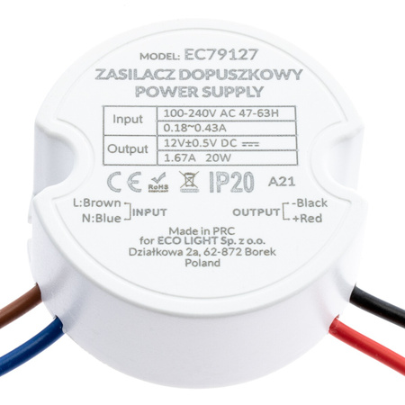 LED zdroj pro 20W box fi 60 1.67A 12V DC IP20