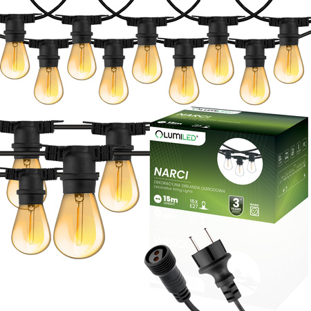 Venkovní řetěz 15m, 15x E27 Žárovky 1.3W 2200K NARCI LUMILED